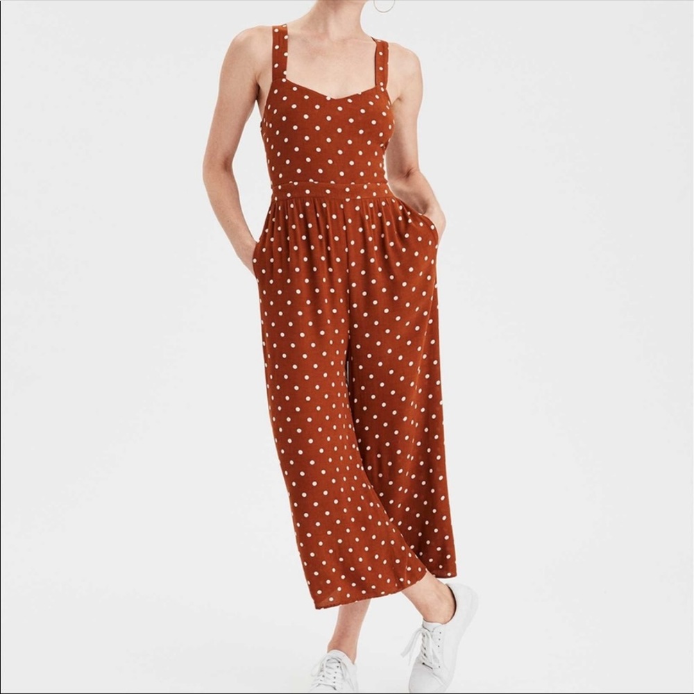 NWT American Eagle Tan Dot Wide Leg Tie Back Jumpsuit S